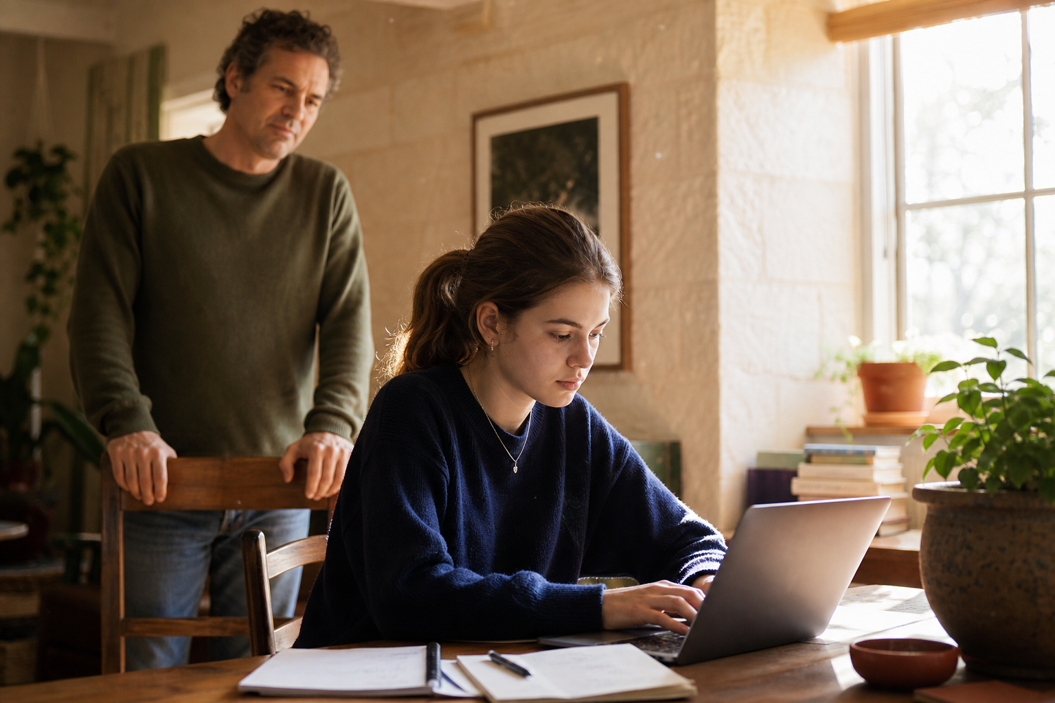 A teenager works at a laptop in a sunlit Austin home while a parent stands quietly behind, watching with calm attention.